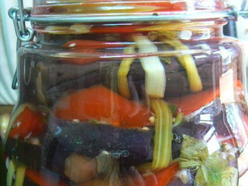 Pickled tomatoes and aubergines
